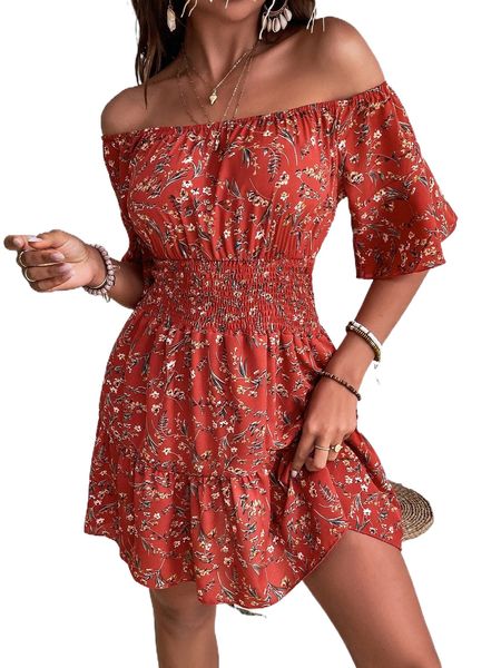 

floral print ruffle hem shirred off shoulder dress q0vd#, Black;gray