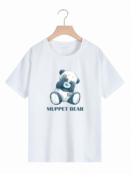 

cartoon bear & letter graphic tee h2hk#, White