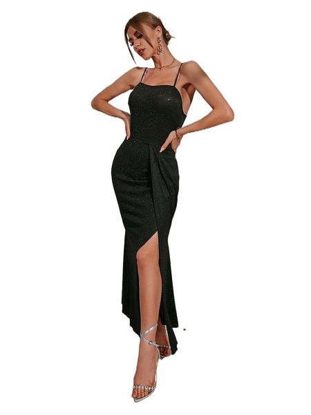 

backless draped side glitter cami dress j6qr#, Black;gray