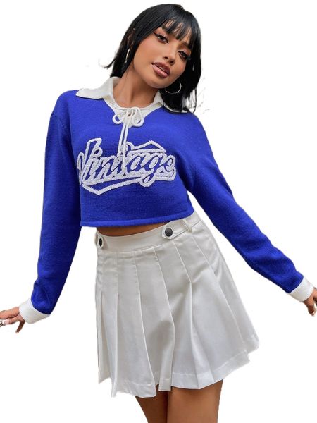 

letter pattern drop shoulder lace-up front sweater e0m2#, White;black