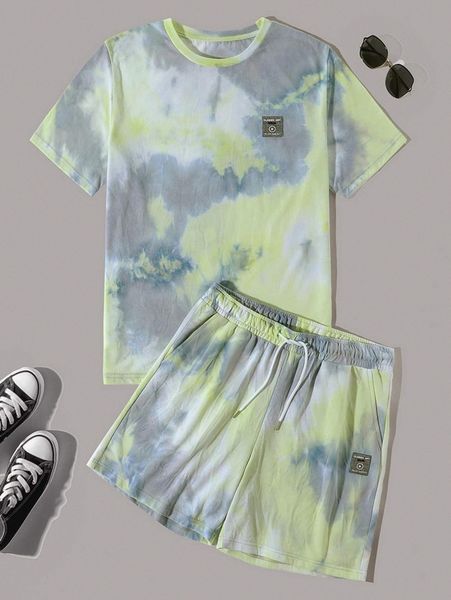 

men tie dye letter patch detail tee & drawstring waist shorts 944s#, Gray