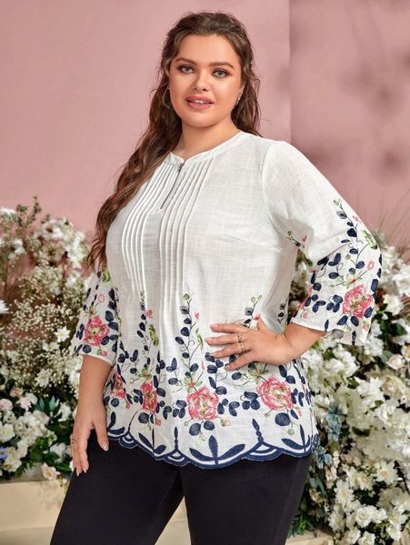 

plus zip half placket floral embroidery e5lj#, Black