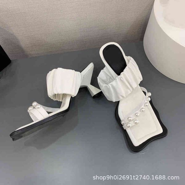

sandals summer fashion ex boyfriend set toe square head pearl high-heeled sandals women's thin heel elastic band semi slippers vpyy, Black