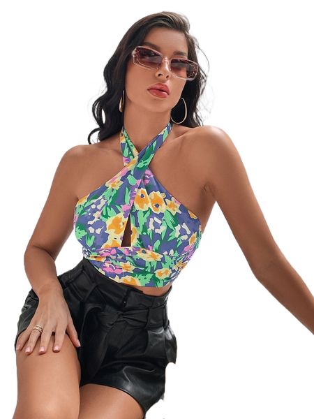 

floral criss cross backless halter 48iz#, White