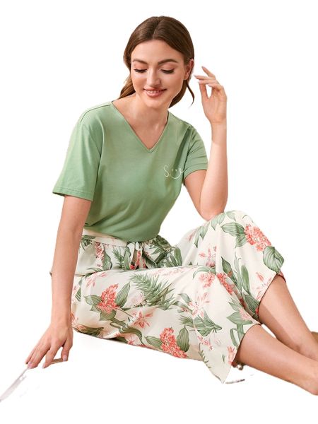 

letter & floral print belted pj set p49u#, Black;red