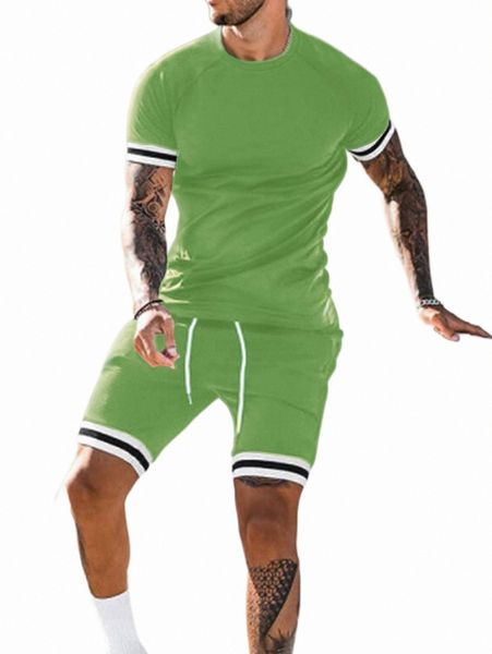 

men striped trim tee & drawstring waist shorts a7ub#, Gray