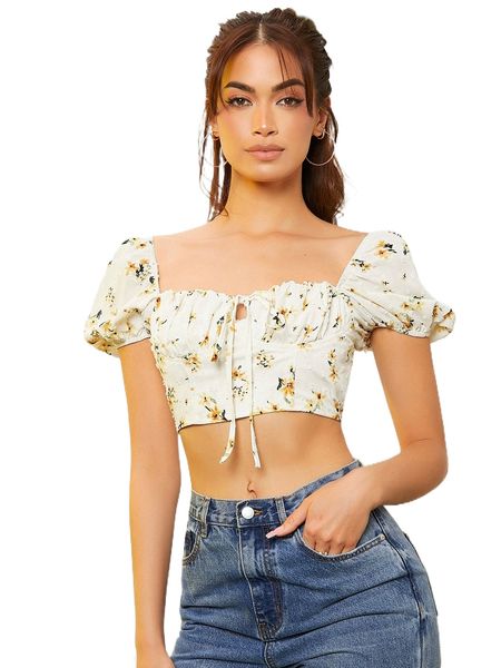 

floral print tie front puff sleeve crop l6tm#, White