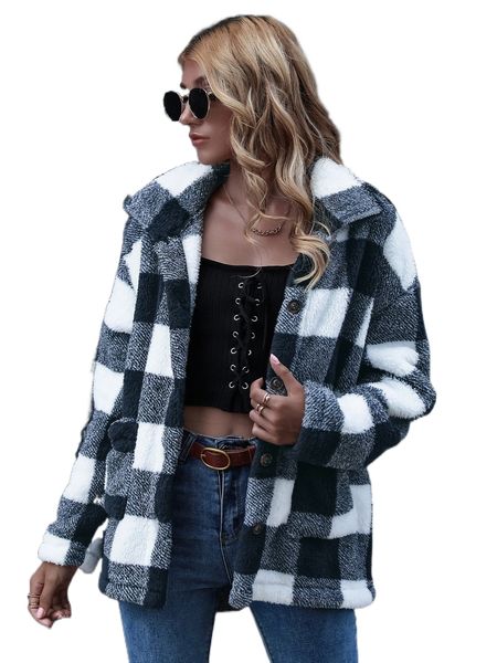 

button front pocket patched teddy coat p4uo#, Black