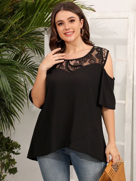 

plus contrast lace cold shoulder blouse 32rc#, Black
