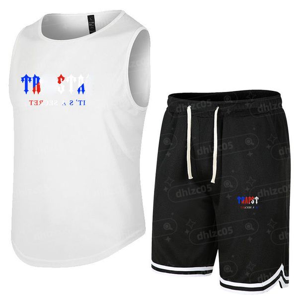 

high street tide brand trap22ar men's sports suit sleeveless t-shirt 2 pieces running fitness sportswear, Gray