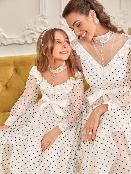 

x farah 1pc polka dot ruffle trim bishop sleeve belted mesh dress w5qr#, Black;gray