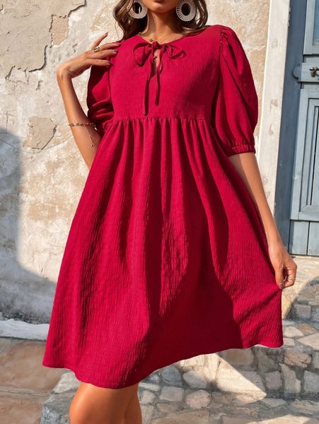 

tie neck puff sleeve smock dress v5mw#, Black;gray