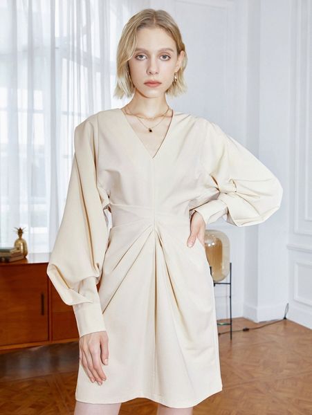 

lantern sleeve plicated detail dress 94xn#, Black;gray