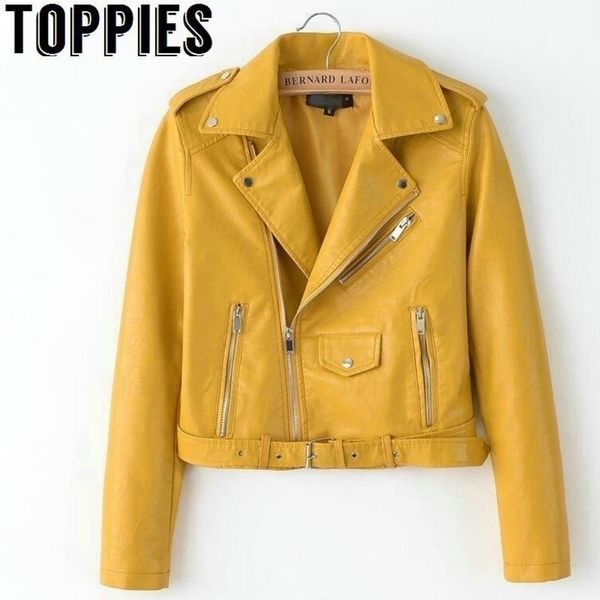 

spring bright yellow women zipper leather coat turndown collar female pu jackets pink black color y200101, Black;brown