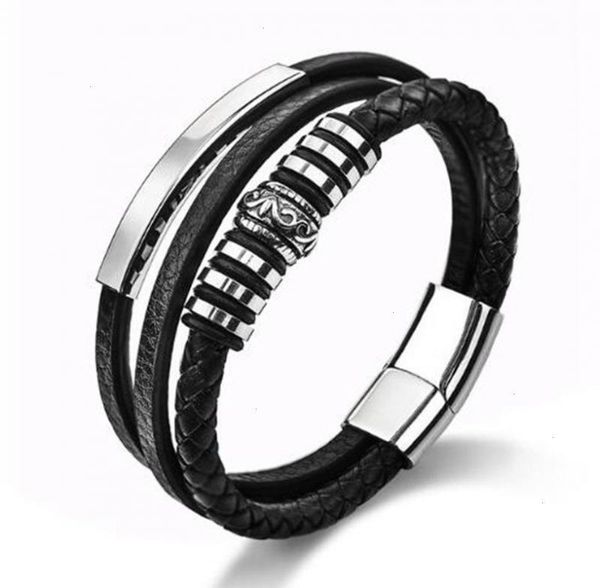 

classic black men leather bracelet strands multilayer silver color magnetic