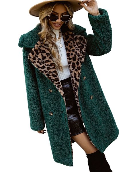 

leopard panel double breasted teddy coat 63oq#, Black