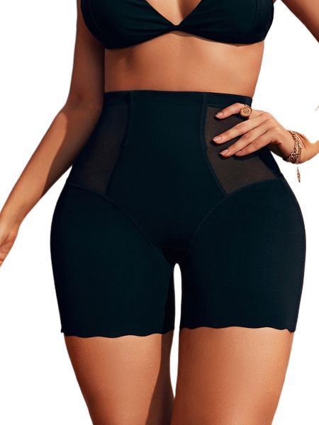 

contrast mesh scallop trim shapewear shorts m6me#, Black;red