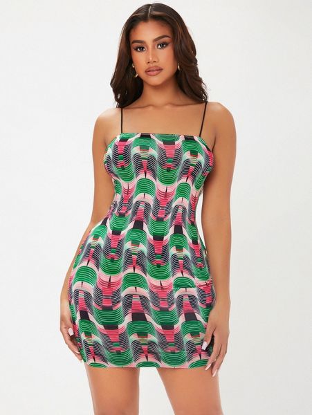 

sxy allover print bodycon cami dress g462#, Black;gray