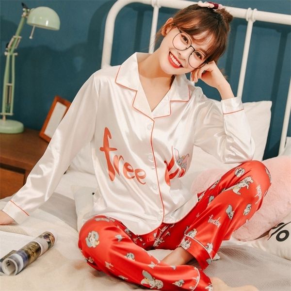 

2020 spring summer silk satin print pajama sets for women long sleeve sleepwear loungewear pyjamas homewear pijama mujer clothes t200707, Black;red