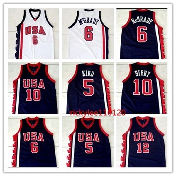 Xflsp Nikivip Basketball-Trikot College 2000 USA Basketball-Team-Trikot 6 McGrady 12 Allen 5 Kidd 10 Bibby Mesh genähte Stickerei Sondergröße S-5XL