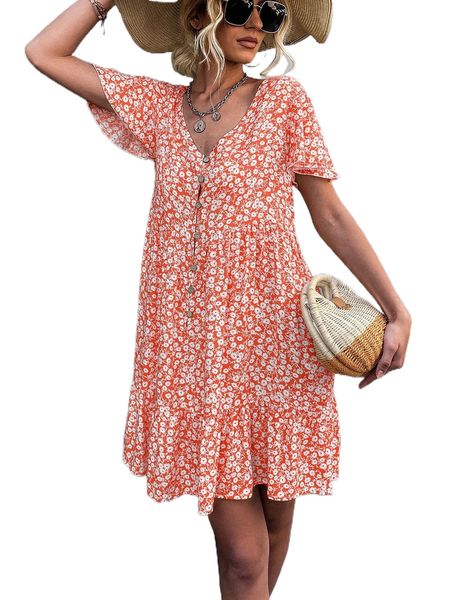 

ditsy floral flutter sleeve button front ruffle hem dress z8wb#, Black;gray