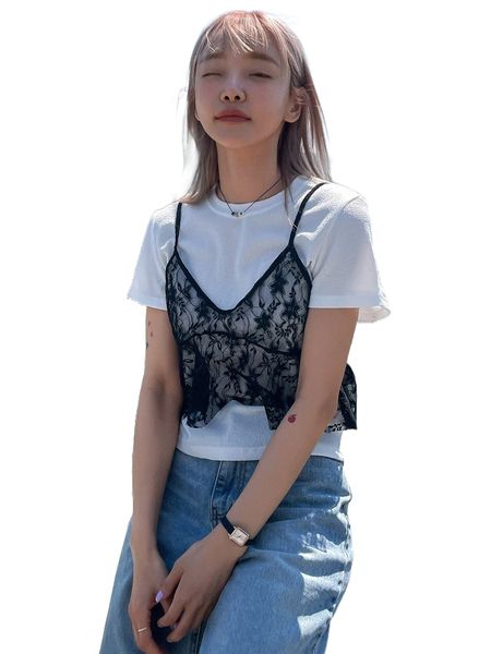 

dazy solid tee & ruffle hem lace cami l083#, White