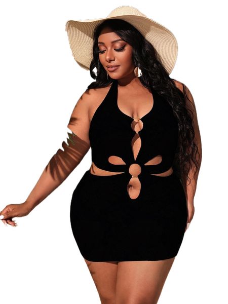 

plus ring linked cut-out bikini swimsuit 91ne#, White;black
