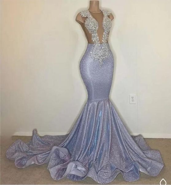 

shiny black girl african sequin silver prom dresses sheer neck mermaid backless evening gowns sparkly applique lace reflective celebrity dre, Black;red