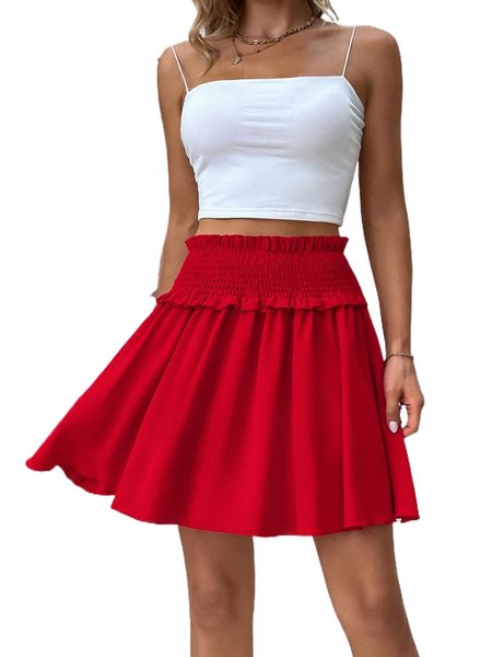 

shirred waist frill trim skirt f2mo#, Black