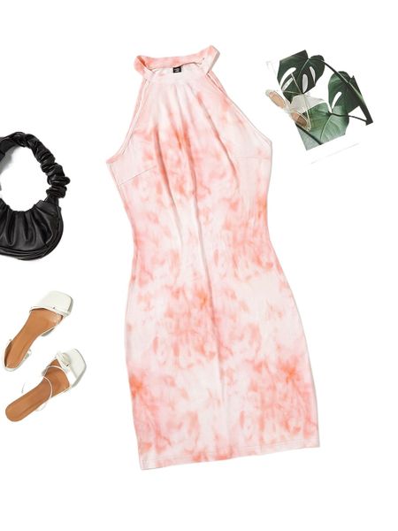 

plus 1pc tie dye halter neck dress z3se#, Black