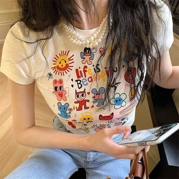 Y2K Cartoon estético Doodle Print Women Sexy T-shirt Harajuku Black Streetwear Girl Slim Vintage Roupas Graphic Crop Top 220511