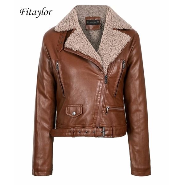 

fitaylor women faux lamb wool fur leather jacket winter warm thickness lamb fur black punk zipper pu jacket outwear with belt 201224
