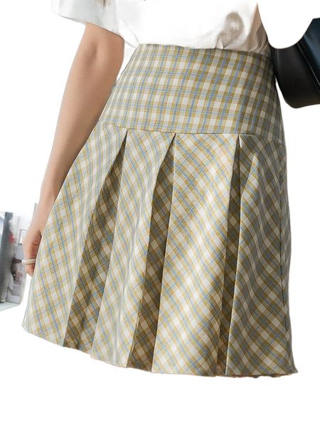

dazy plaid print high waist pleated skirt 17jd#, Black