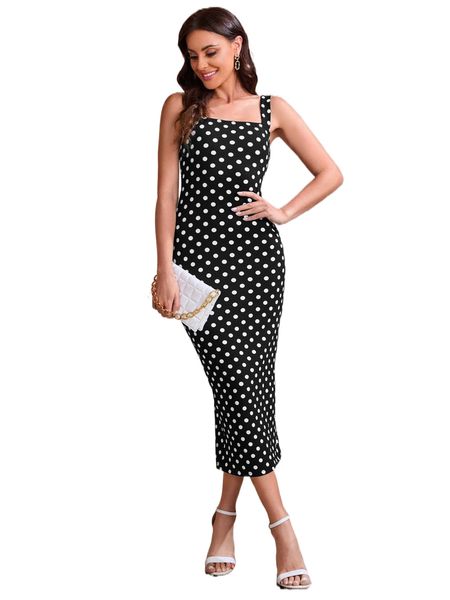 

polka dot print split back bodycon dress 10q9#, Black;gray