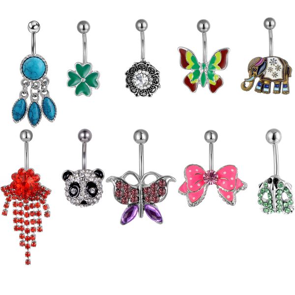 

np10-001 belly navel button ring mix 10 styles aqua.colors 10 pcs panda butterfly frog dream catcher, Silver