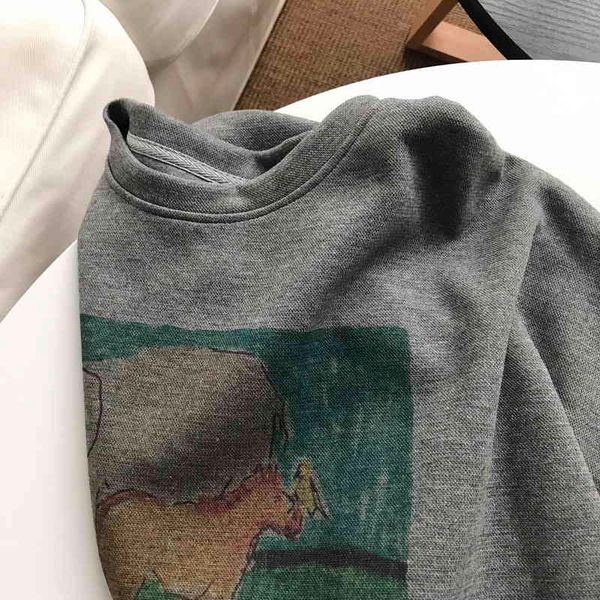 

horse / pony and elephant dark grey loose round neck sweater, Black