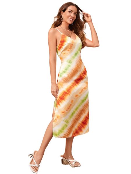 

split detail tie dye cami dress h1mo#, Black;gray