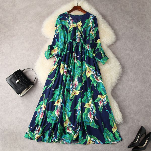 

european and american women's wear spring 2022 new long sleeve lantern sleeve v neck floral print fashionable pleated dress, Black;gray