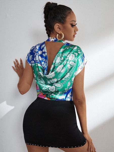 

paisley print draped back satin blouse l2l6#, White