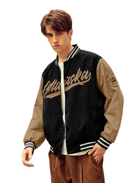 

men letter graphic button up baseball jacket b2br#, Black;brown
