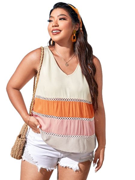 

plus colorblock guipure lace insert tank i2om#, Black