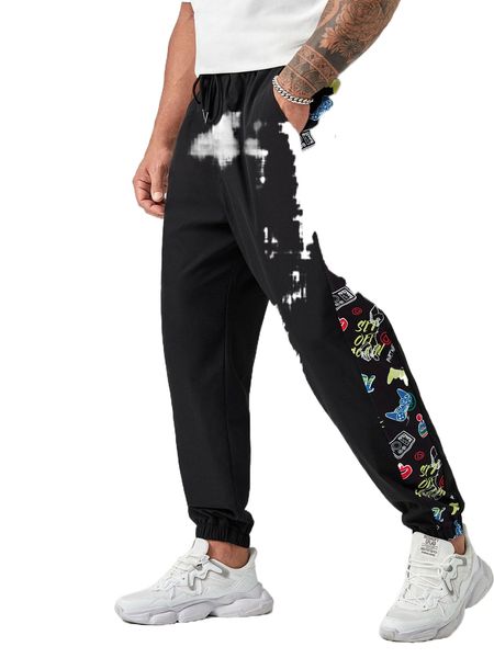 

extended sizes men contrast graphic print sideseam pants r5gc#, Black