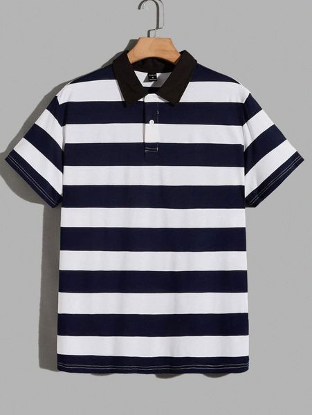 

men striped print contrast collar polo shirt q6fc#, White;black