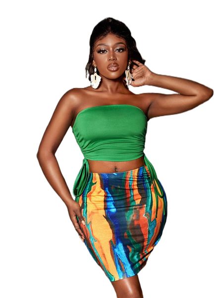 

sxy solid drawstring side ruched detail tube & tie dye skirt 99gv#, White