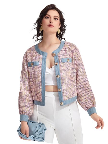 

plus decorative pocket button front tweed coat x52h#, Black