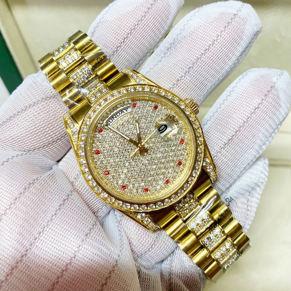 

18k gold iced out luxury watch men&women 36mm size diamonds watches automatic self-winding glide smooth second hand waterproof wristwatches, Slivery;brown