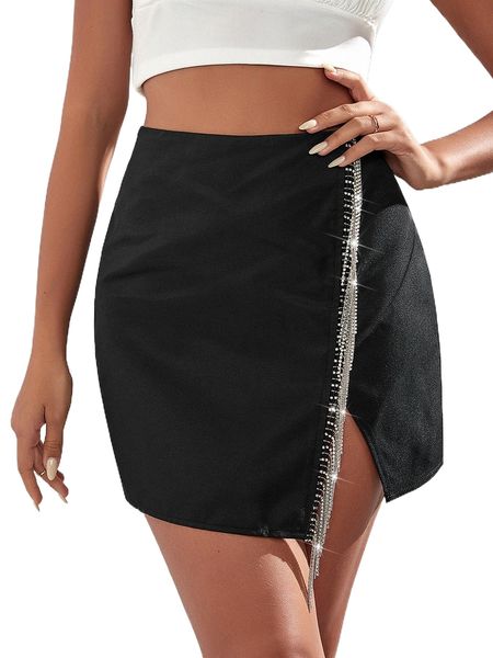 

rhinestone chain detail split hem skirt l9fq#, Black