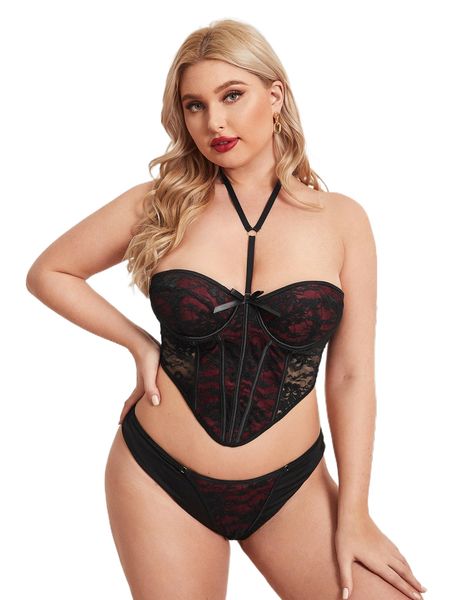 

plus floral lace halter lingerie set t2vn#, Black;white