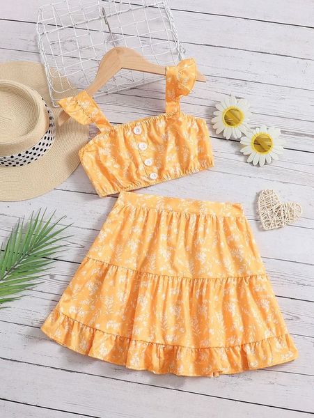 

girls floral print fake button ruffle trim crop cami & skirt she, White