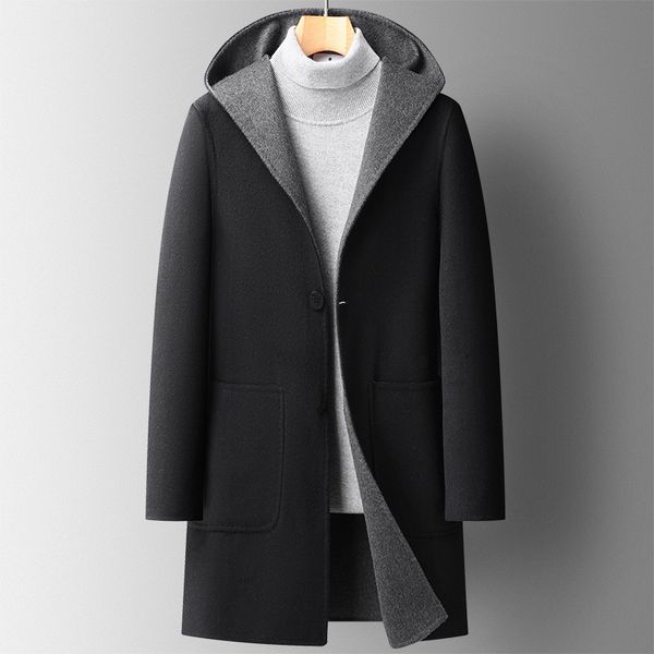 

wool coat blends warm jackets for men long trench woollen coats autumn and winter hooded double-sided windbreakers outerwear overcoats, Black